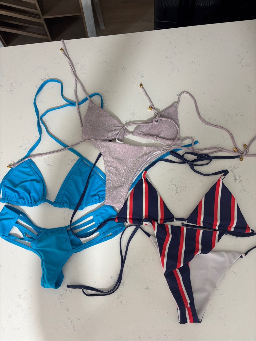 Three- For the $ of 1
Women’s Triangle Bikini Set — Blue, Navy Stripe & Shimmer